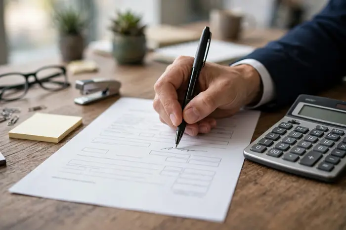 Firma de documentos de despido con la calculadora indemnización por despido al lado