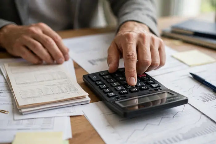 Manos con calculadora y nóminas calculando la indemnización con la calculadora indemnización por despido