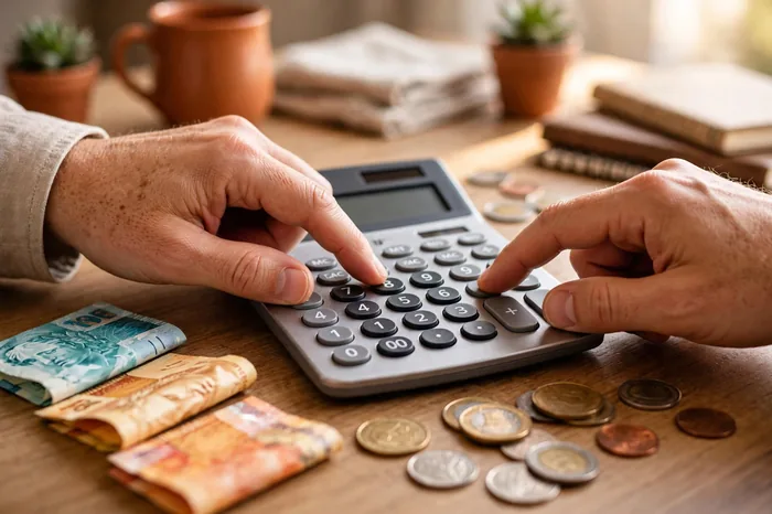 Mãos usando calculadora com notas de real: simule seu desconto na calculadora inss