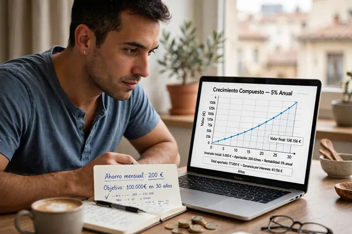 Persona usando la calculadora interes compuesto en su portátil para revisar su plan de ahorro