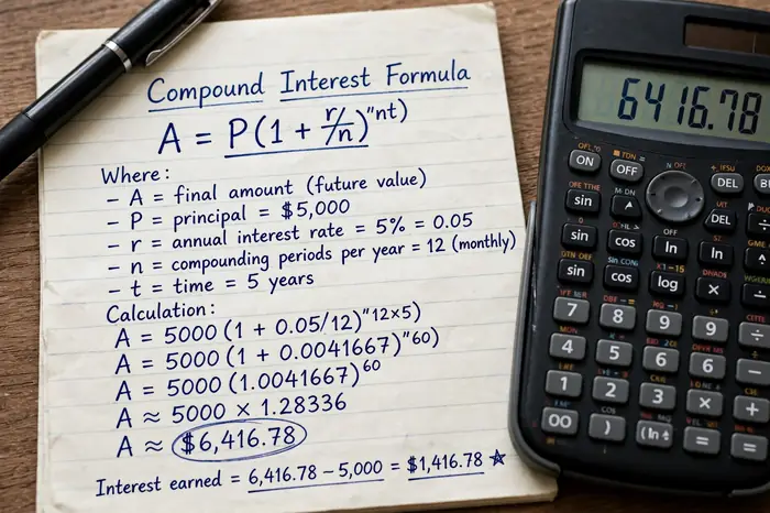 Fórmula de la calculadora interes compuesto escrita en una libreta junto a una calculadora