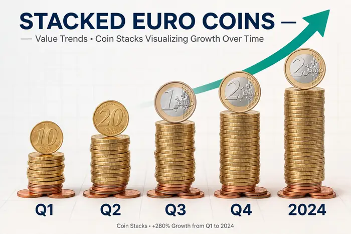 Montones de monedas de euro que crecen como barras con la calculadora interes compuesto