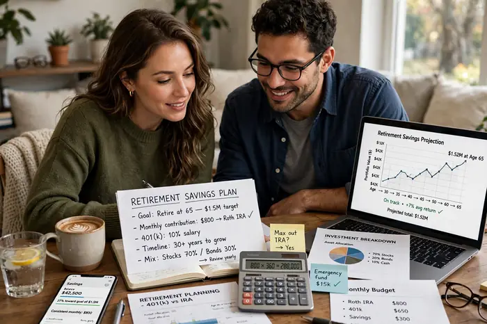 Pareja joven planificando su jubilación con la calculadora interes compuesto en la mesa