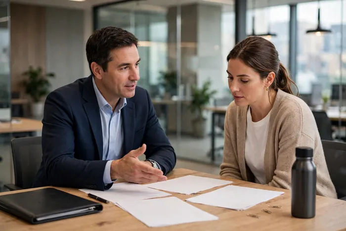 Conseiller bancaire expliquant la calculatrice intérêts composés à un client