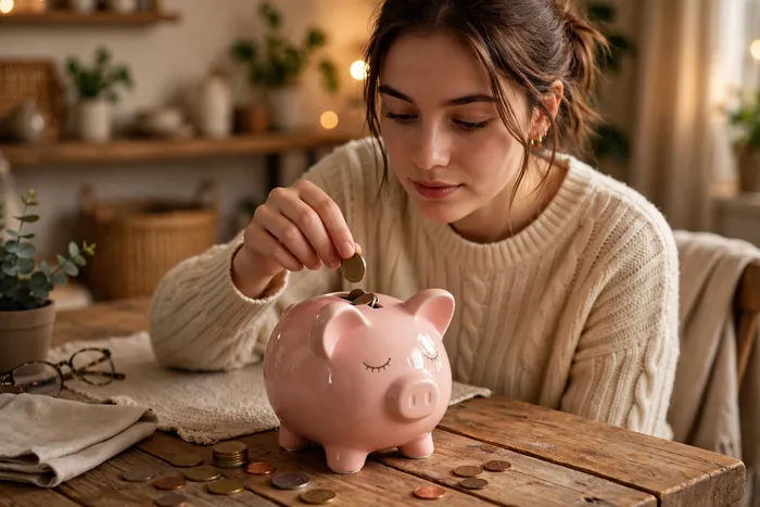 Une jeune femme épargne chaque mois grâce à la calculatrice intérêts composés