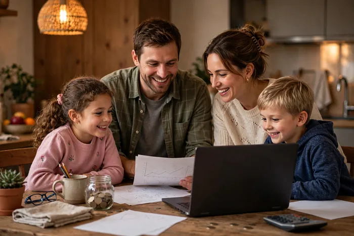 Famille planifiant son épargne avec la calculatrice intérêts composés