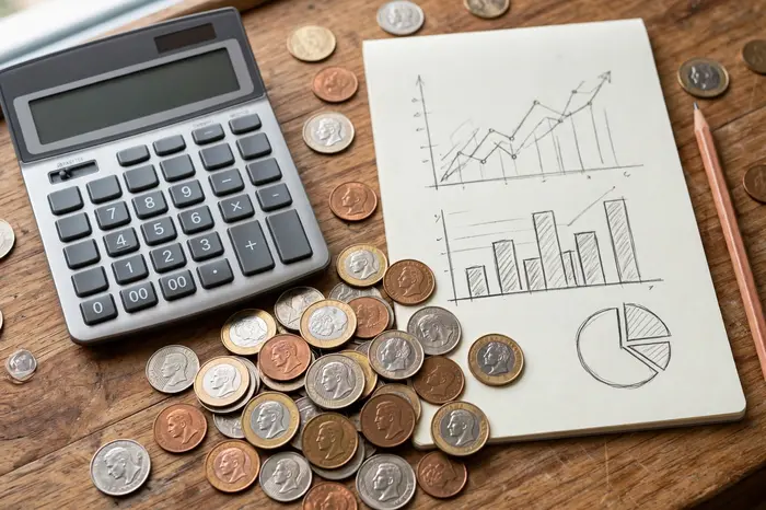 Calculadora ao lado de moedas e gráficos — calculadora ipca para corrigir valores