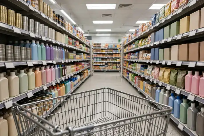 Corredor de supermercado com etiquetas de preço — calculadora ipca e a inflação no dia a dia