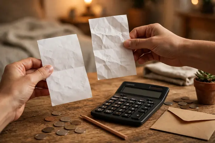 Mãos segurando recibos de mercado e calculadora — calculadora ipca no orçamento doméstico