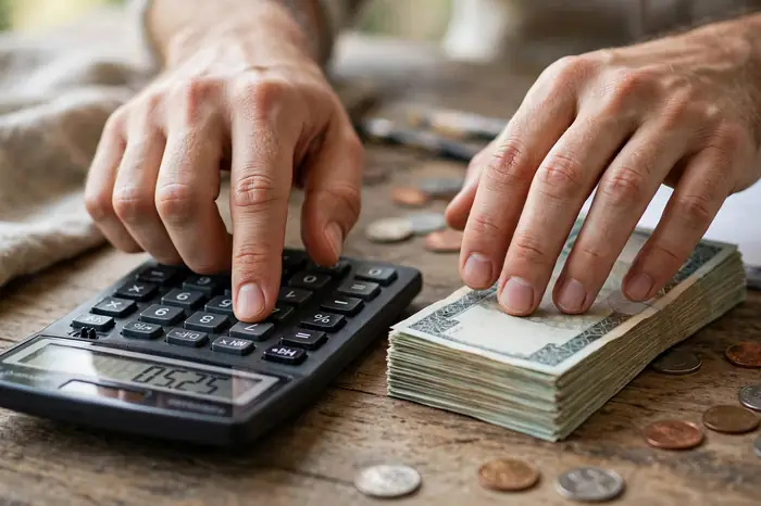 Mãos usando calculadora com notas de real — simulando juros na calculadora de juros