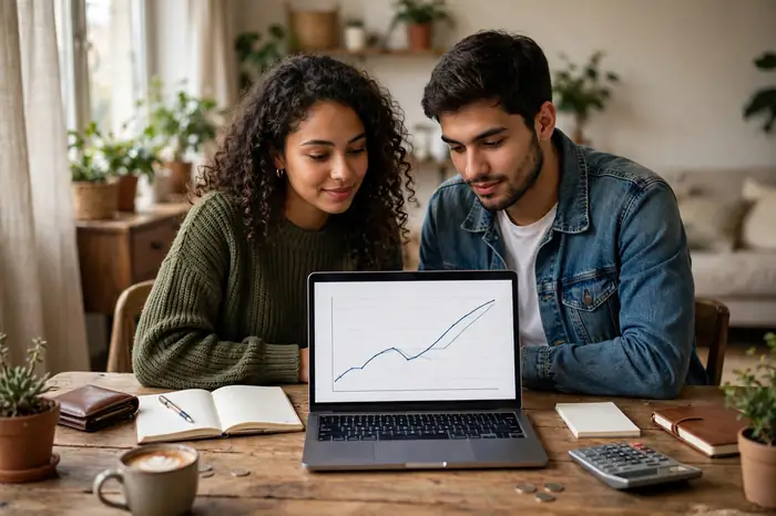 Casal brasileiro planejando economias com a calculadora de juros compostos