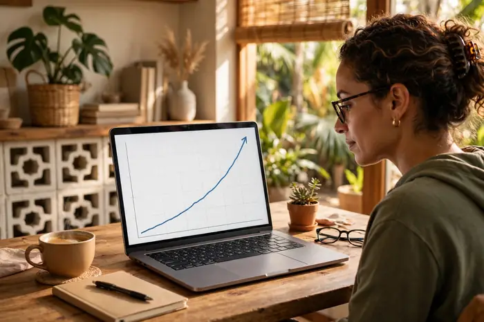 Pessoa analisando gráfico de crescimento na calculadora de juros compostos em laptop