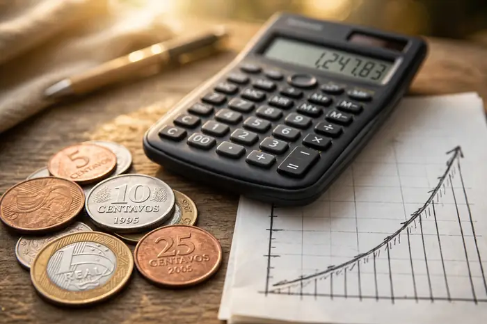 Moedas e curva de crescimento exibidos pela calculadora de juros compostos