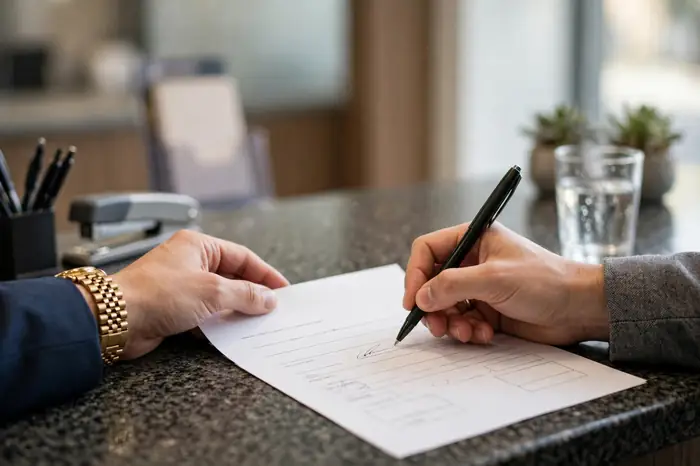Assinando contrato de empréstimo no banco — calculadora de juros antes de assinar