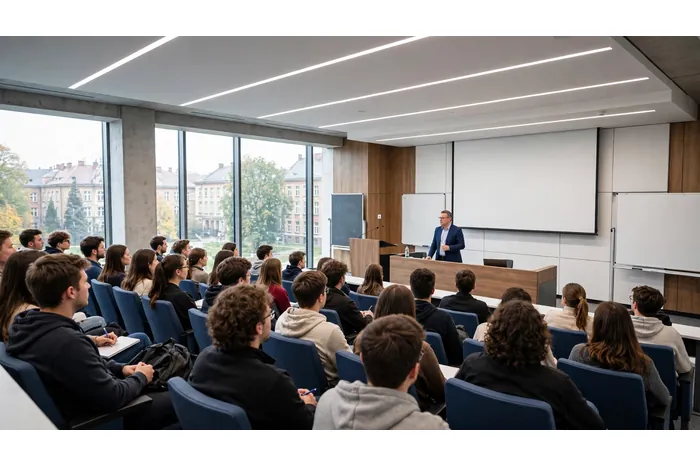 Studenci na wykładzie w auli uniwersyteckiej — kalkulator frekwencji na studiach