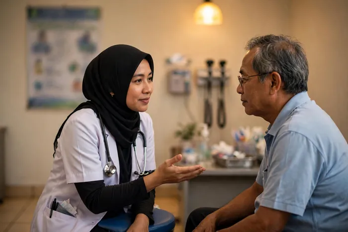 Konsultasi dokter di klinik Indonesia dengan poster IMT dan kalkulator IMT