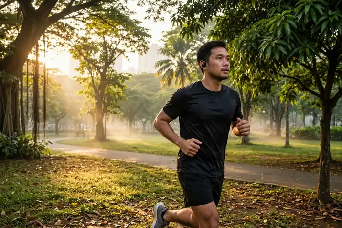 Pria jogging pagi di taman Jakarta dengan kalkulator IMT