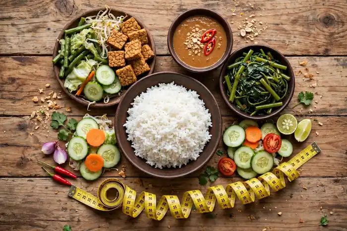 Makanan sehat Indonesia dan meteran di meja dengan kalkulator IMT