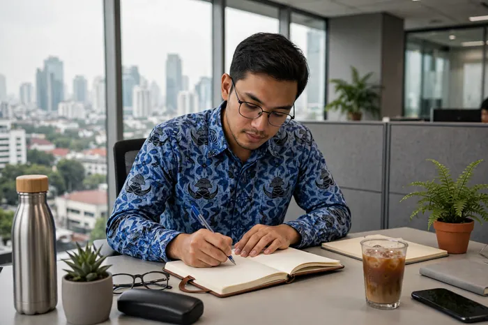 Karyawan Indonesia mencatat jam kerja di kantor dengan kalkulator jam