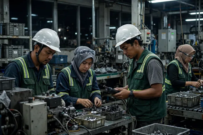 Pekerja shift malam di pabrik Indonesia dengan kalkulator jam