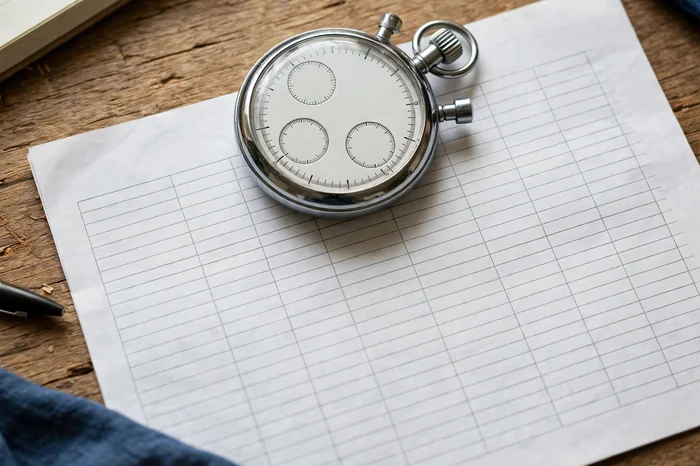 Stopwatch dan jadwal kerja di meja dengan kalkulator jam