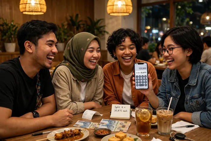 Sekelompok teman menghitung patungan makan dengan kalkulator matematika