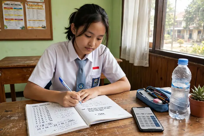 Siswa mengerjakan PR matematika dengan kalkulator matematika sebagai alat bantu