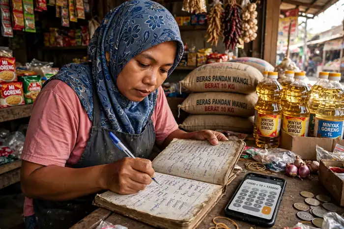 Ibu warung menghitung belanjaan dengan kalkulator matematika di ponsel