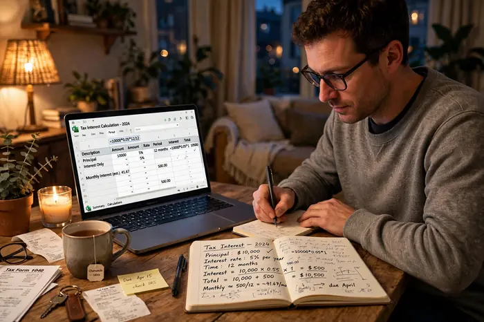 Osoba licząca odsetki z kalkulator odsetek podatkowych na laptopie