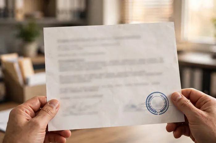 Świadectwo pracy z pieczątką w dłoni — dokumenty, które liczy kalkulator stażu pracy