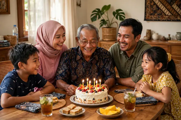 Keluarga Indonesia merayakan ulang tahun kakek dengan kalkulator umur