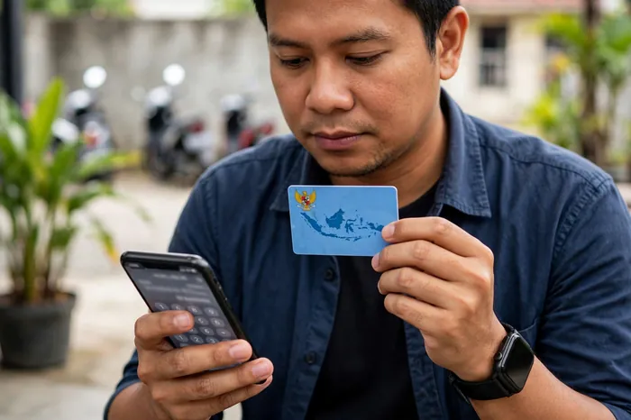 Pria memegang KTP Indonesia dan menghitung umur dengan kalkulator umur