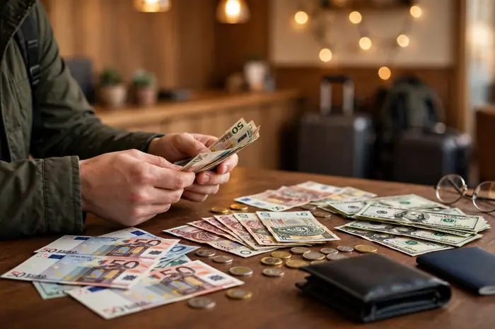 Podróżny wymieniający walutę — kalkulator walut z banknotami euro, złotówek i dolarów
