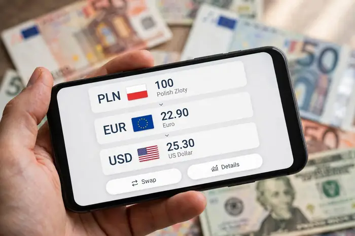 Smartfon z aplikacją kalkulator walut pokazujący kursy PLN, EUR i USD