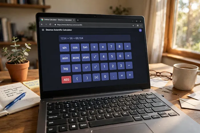 Kalkulators klēpjdatorā mājas birojā ar tastatūras saīsnēm