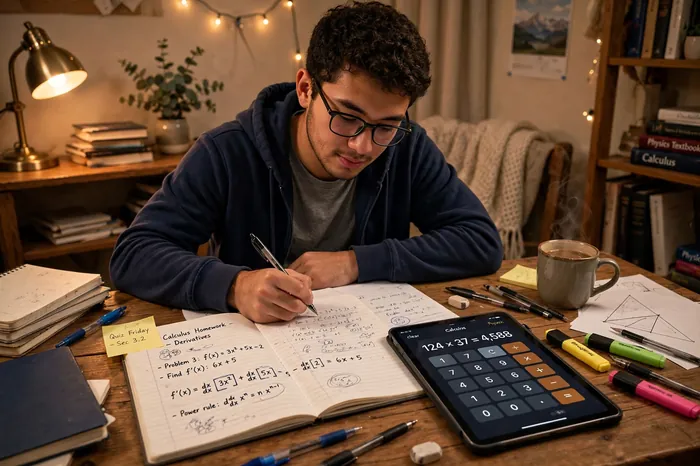 Students ar kalkulators planšetē dara mājasdarbus