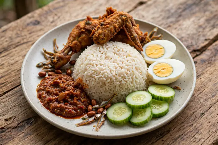 Hidangan nasi lemak Malaysia dianalisis dengan kalori kalkulator