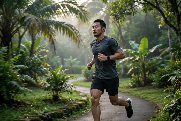 Lelaki berjoging di taman dikira dengan kalori kalkulator