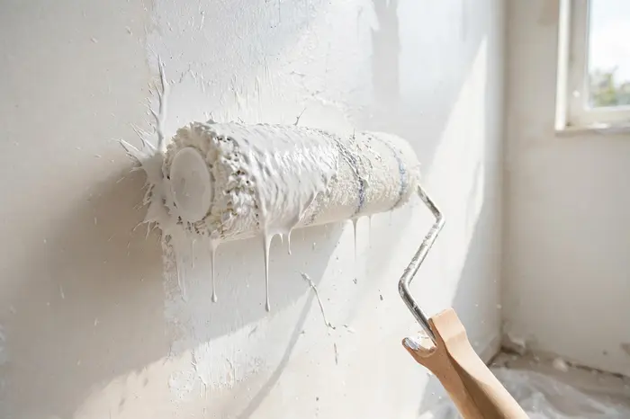 Rolo pintando parede de branco — calculadora metro quadrado na conta da tinta