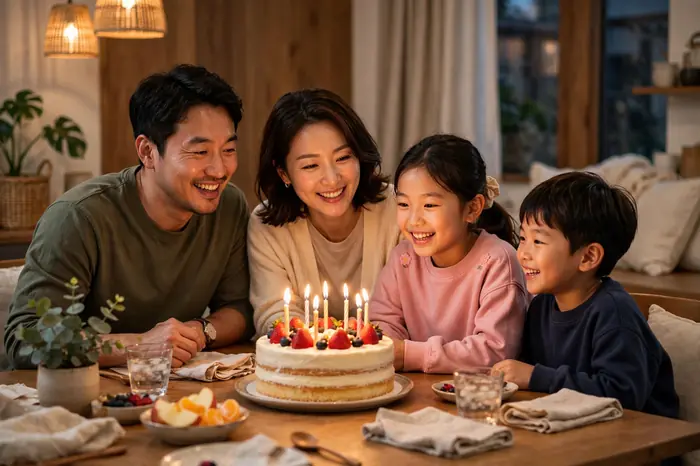 생일 케이크 앞에서 나이 계산기로 만 나이를 확인하는 가족