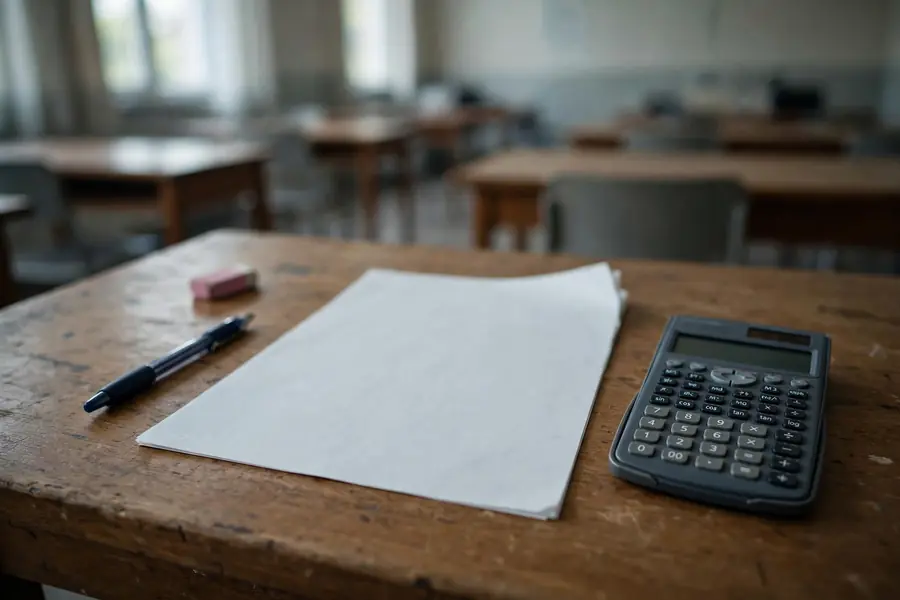 kalkulator naukowy na stoliku w sali egzaminacyjnej przed maturą z matematyki
