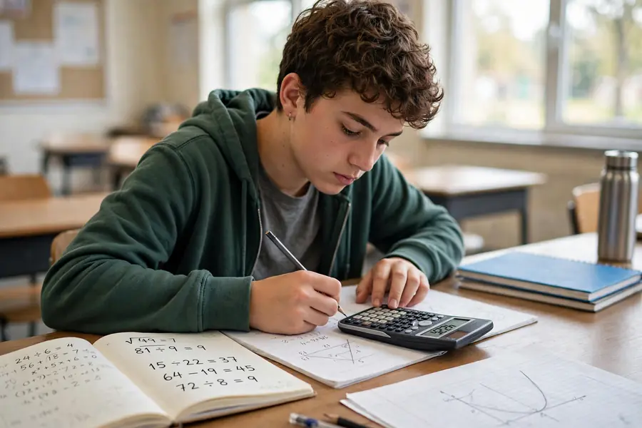Uczeń rozwiązujący zadania z matematyki, kalkulator naukowy na ławce szkolnej