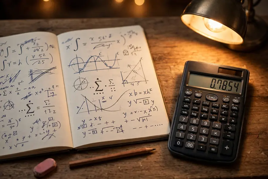 Zeszyt z wzorami matematycznymi i kalkulator naukowy na biurku podczas nauki do egzaminu