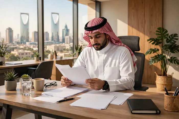 موظف سعودي يراجع أوراق نهاية الخدمة في مكتبه باستخدام حاسبة نهاية الخدمة