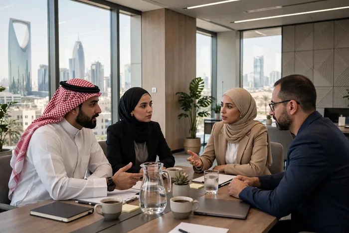 اجتماع عمل في مكتب سعودي مع حاسبة الاوفر تايم