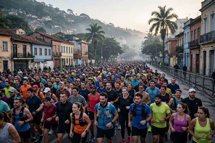 Largada de corrida de rua com corredores usando calculadora de pace na estratégia