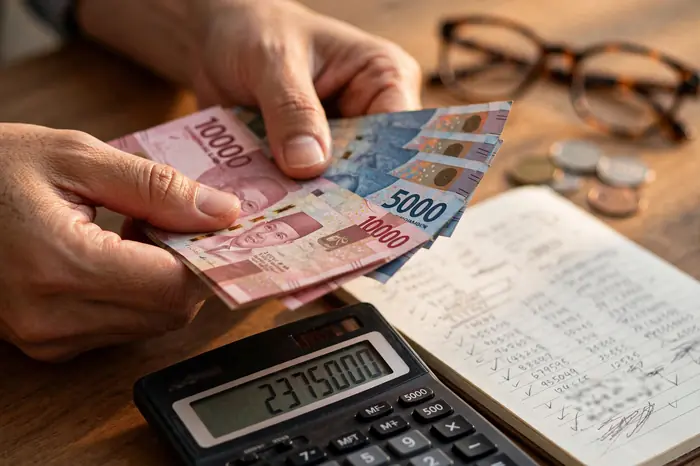 Tangan memegang uang rupiah sambil memeriksa hasil kalkulator pajak