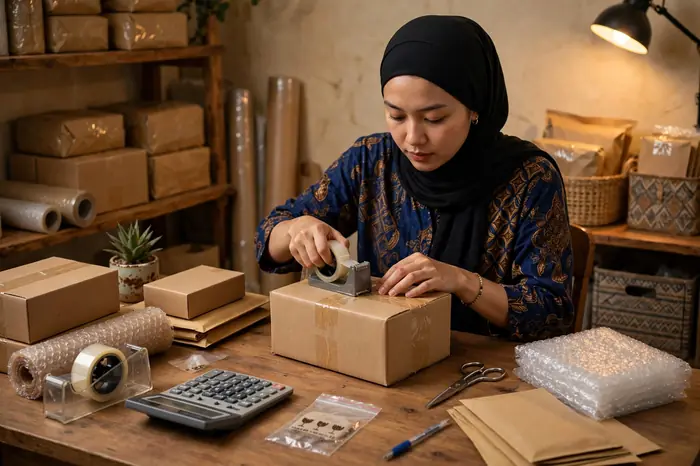 Penjual online mengemas paket sambil menghitung pajak dengan kalkulator pajak