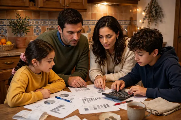 Familia revisando el presupuesto con la calculadora paro en casa