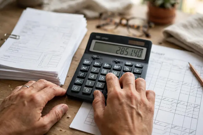 Manos con calculadora y nóminas usando la calculadora paro para estimar la prestación
